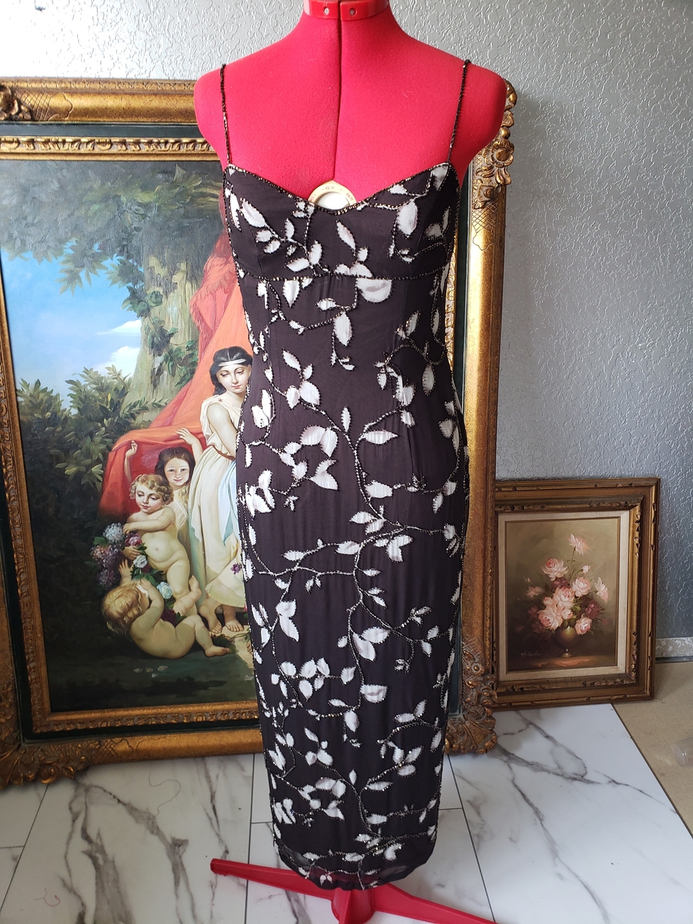 Black Midi Slip Dress with White Leaf Print